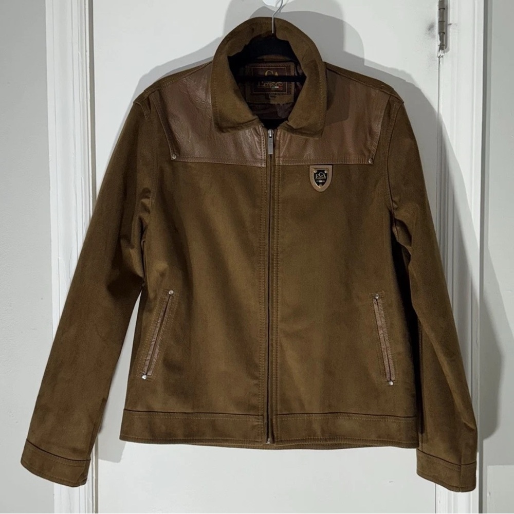 EGA Emporio Men’s Size L Suede Jacket Brown Leather Accents Full-Zip Italy-Made